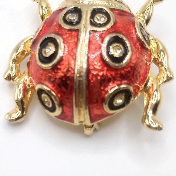 Vintage Ladybug Brooch Red Enamel Gold-Tone Metal Rhinestone Accents Lapel Pin - Picture 3 of 8